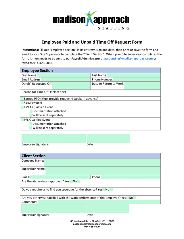 Employee Paid And Unpaid Time Off Request Form screenshot
