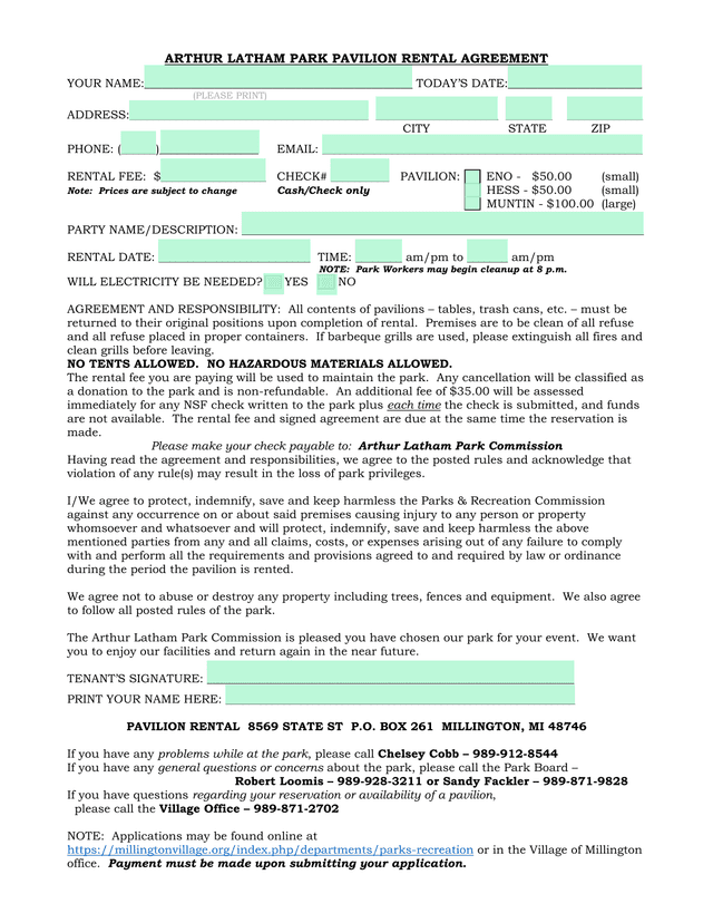 Arthur Latham Park Pavilion Rental Agreement screenshot