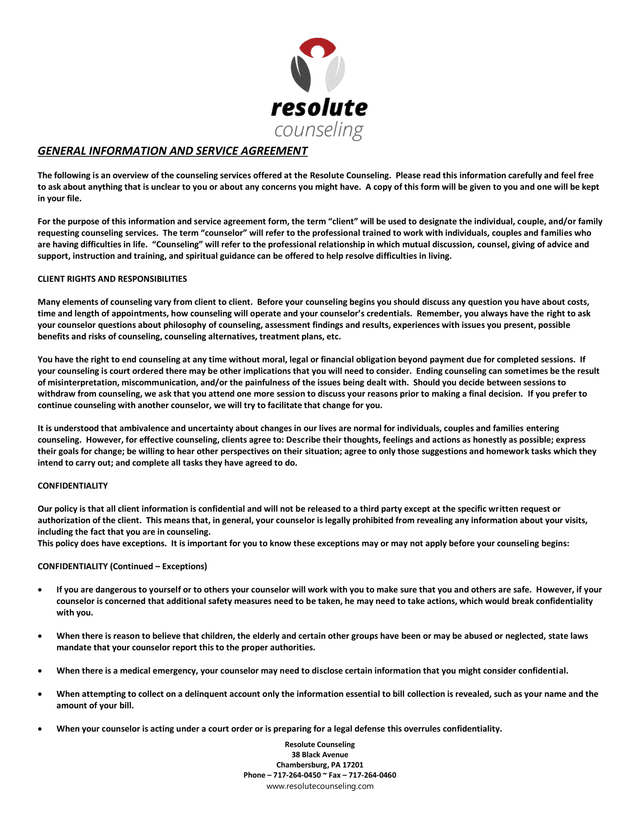 GENERAL INFORMATION AND SERVICE AGREEMENT screenshot