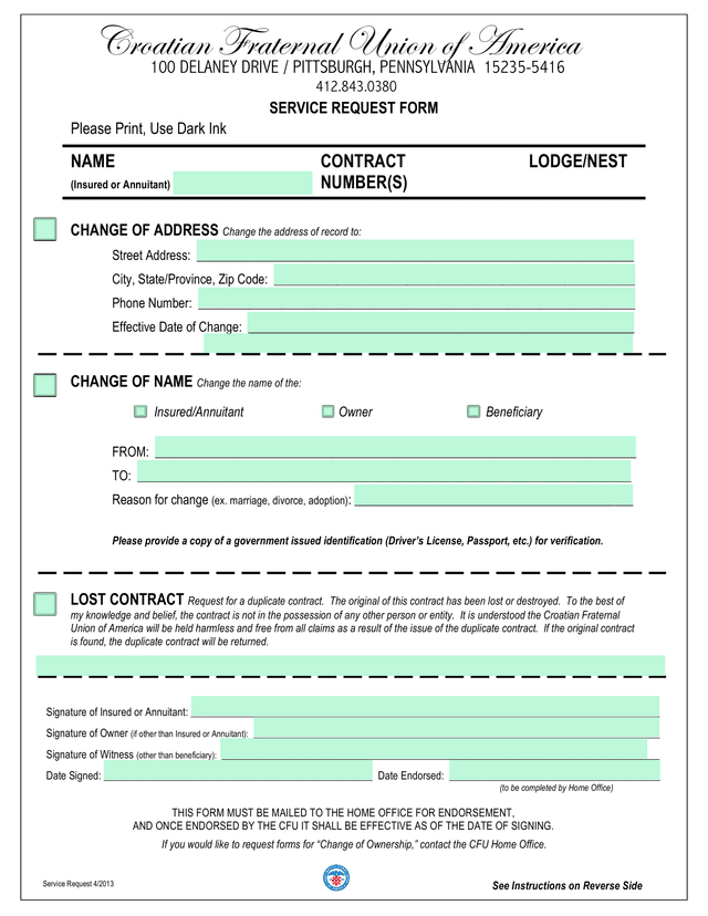 Service Request Form screenshot