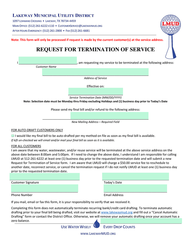 Request For Termination Of Service screenshot