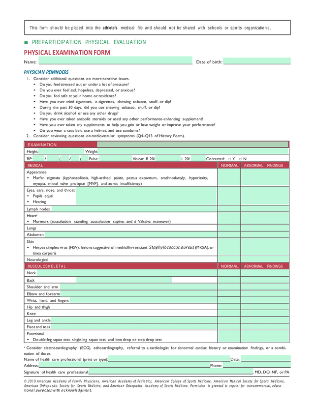 Preparticipation Physical Evaluation Physical Examination Form screenshot