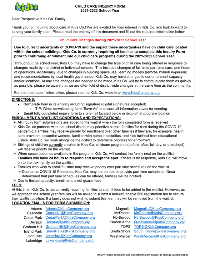 Child Care Inquiry Form screenshot