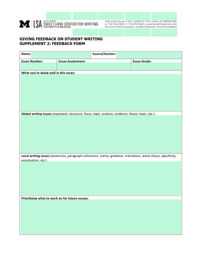 Giving Feedback On Student Writing   Supplement 2 Feedback Form screenshot