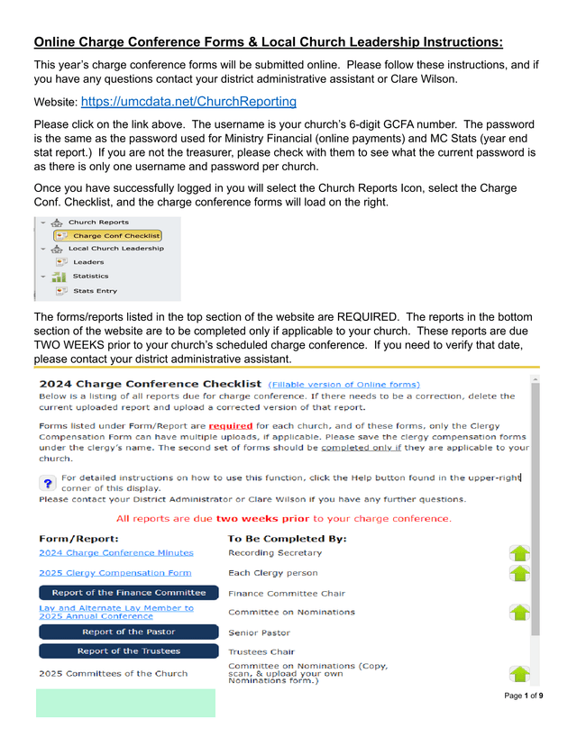 Online Charge Conference Forms  Local Church Leadership Instructions screenshot