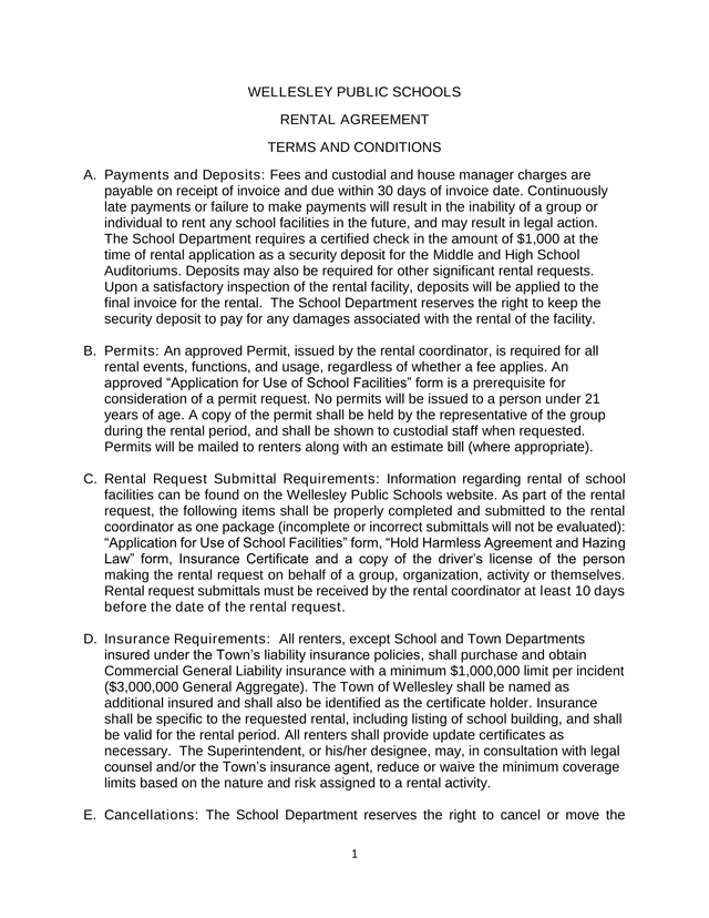 Wellesley Public Schools Rental Agreement screenshot