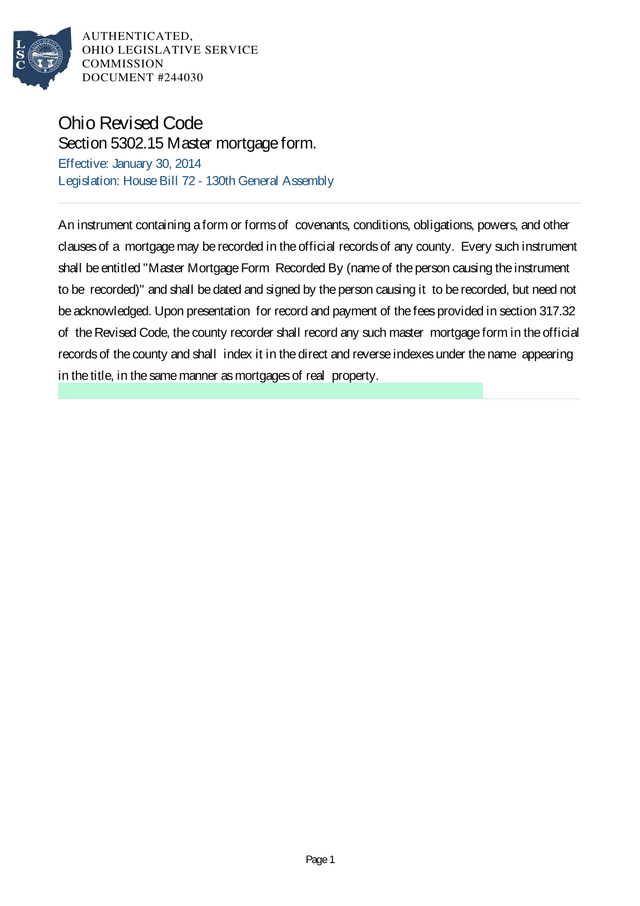 Ohio Revised Code Section 5302.15 Master Mortgage Form screenshot
