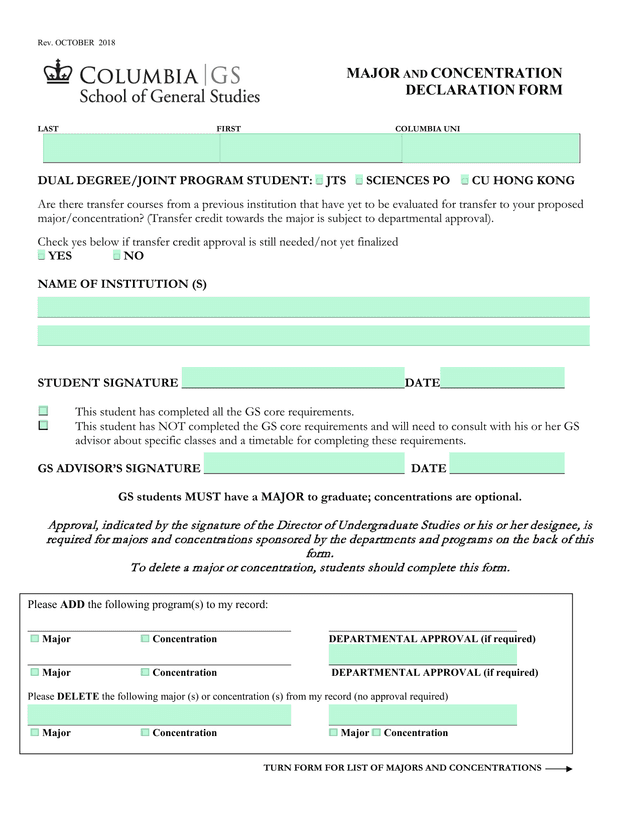 MAJOR AND CONCENTRATION DECLARATION FORM screenshot