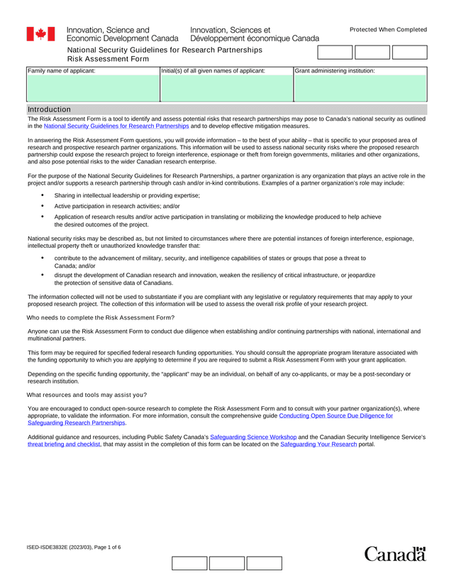 National Security Guidelines For Research Partnerships Risk Assessment Form screenshot