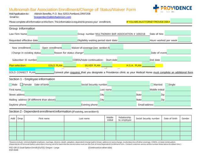 Multnomah Bar Association EnrollmentChange Of StatusWaiver Form screenshot
