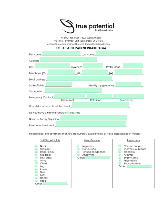 Osteopathy Patient Intake Form screenshot