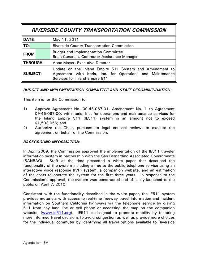 Agenda Item 8M Update On The Inland Empire 511 System And Amendment To Agreement With Iteris, Inc. screenshot
