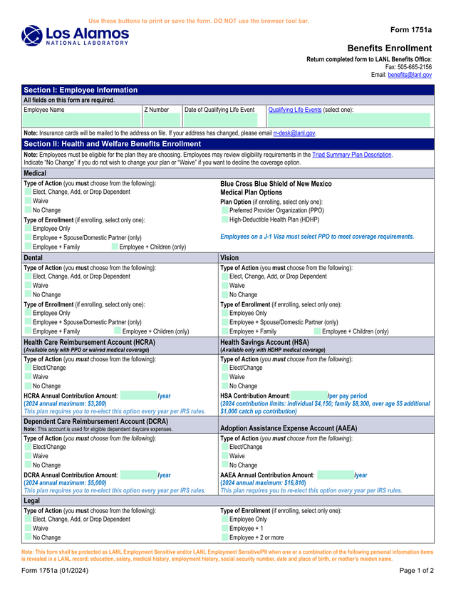 Form 1751a Benefits Enrollment screenshot