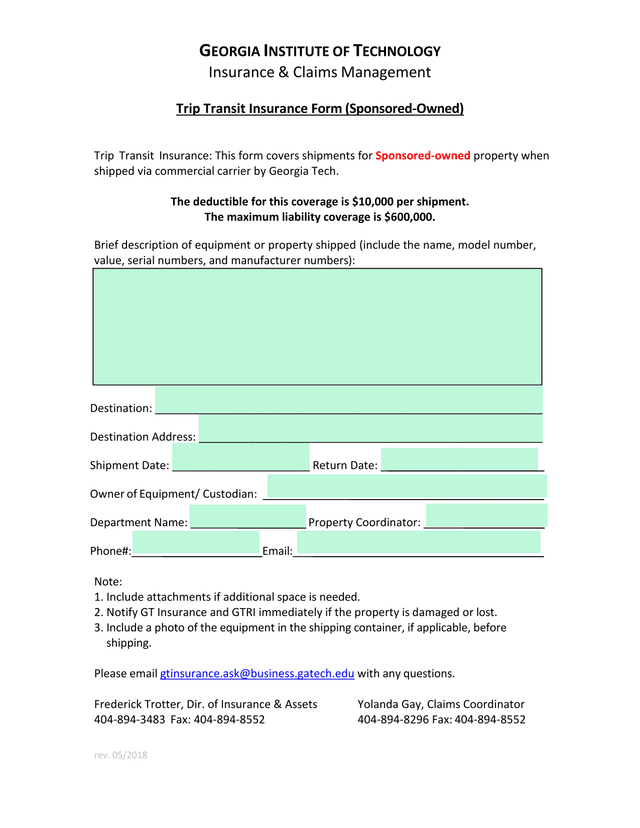 Trip Transit Insurance Form (Sponsored Owned) screenshot
