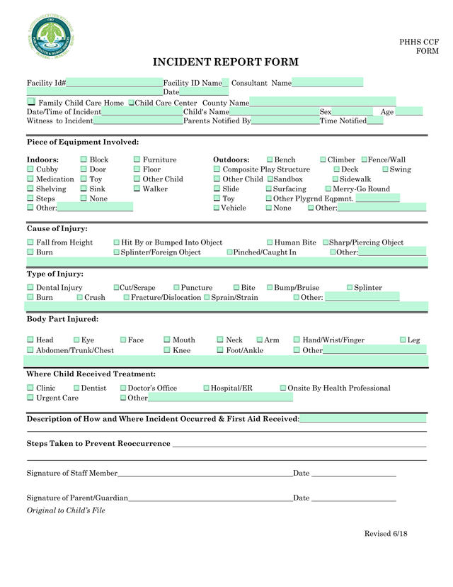 PHHS CCF INCIDENT REPORT FORM screenshot