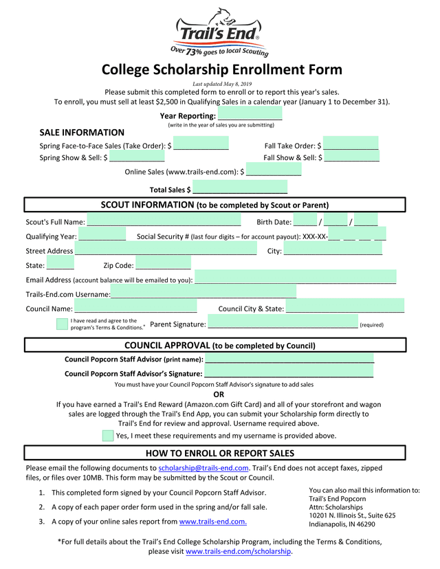 College Scholarship Enrollment Form screenshot