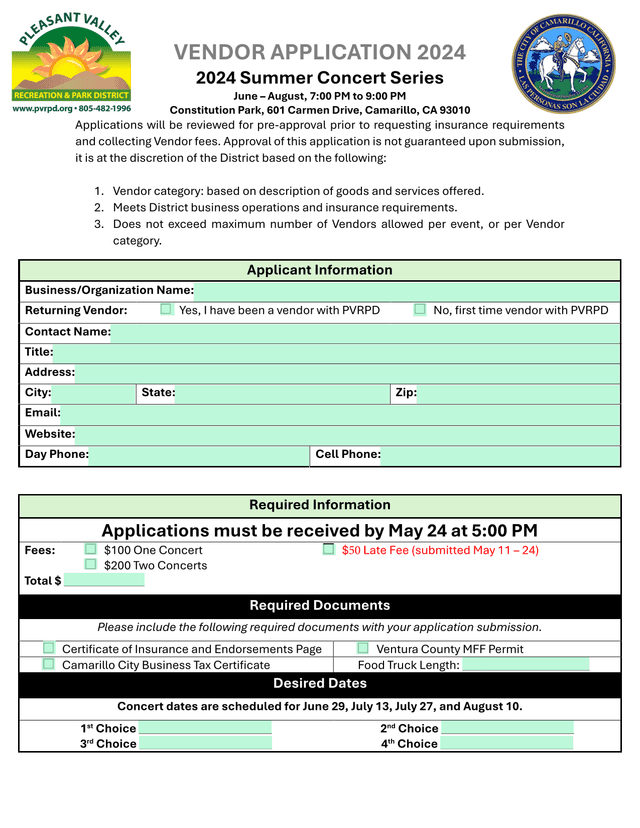 VENDOR APPLICATION 2024 Summer Concert Series screenshot