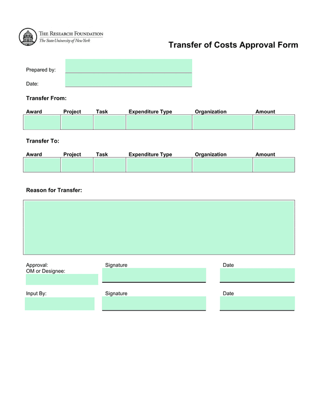 Transfer Of Costs Approval Form screenshot