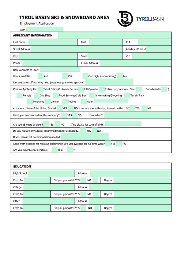 Tyrol Basin Ski  Snowboard Area Employment Application screenshot