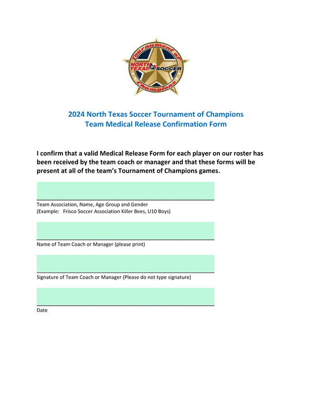 2024 North Texas Soccer Tournament Of Champions Team Medical Release Confirmation Form screenshot