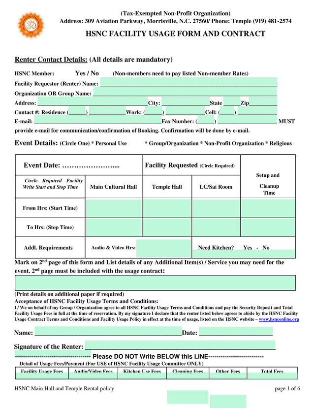 HSNC Facility Usage Form And Contract screenshot