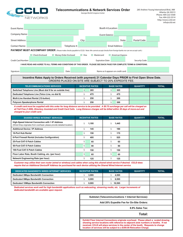 Telecommunications Services Incentive Rates Order Form screenshot