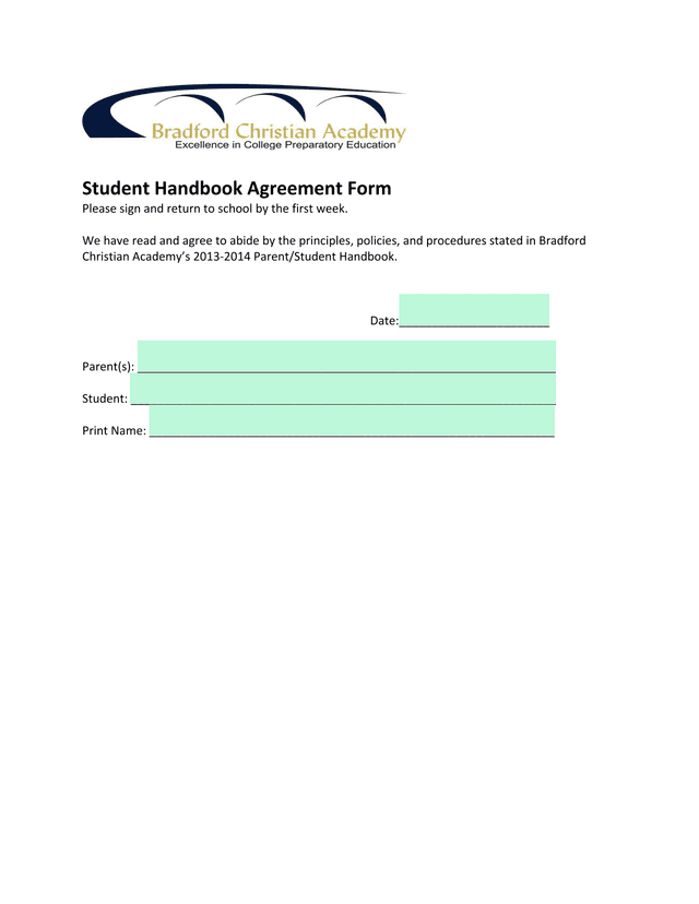 Student Handbook Agreement Form screenshot