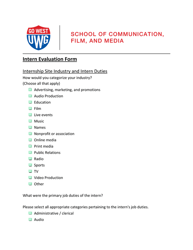 Intern Evaluation Form screenshot