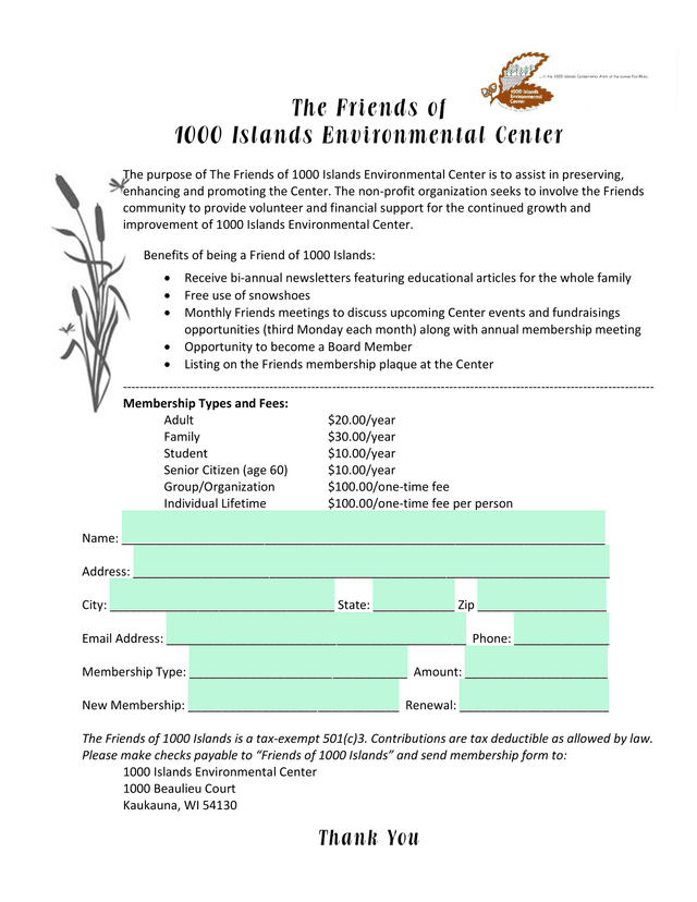 Friends Of 1000 Islands Environmental Center Membership Form screenshot