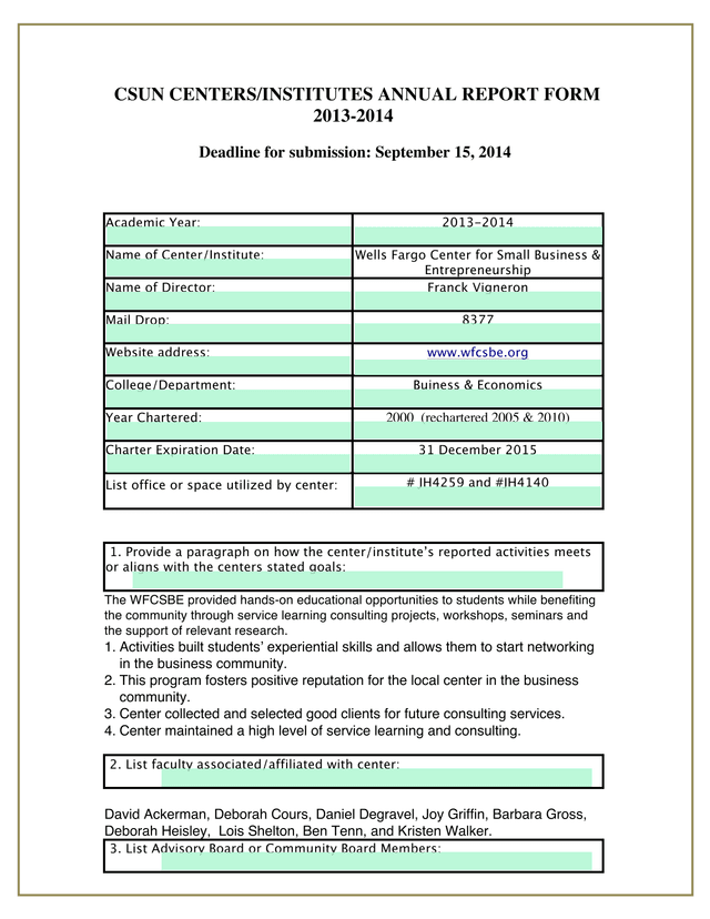 CSUN CentersInstitutes Annual Report Form screenshot