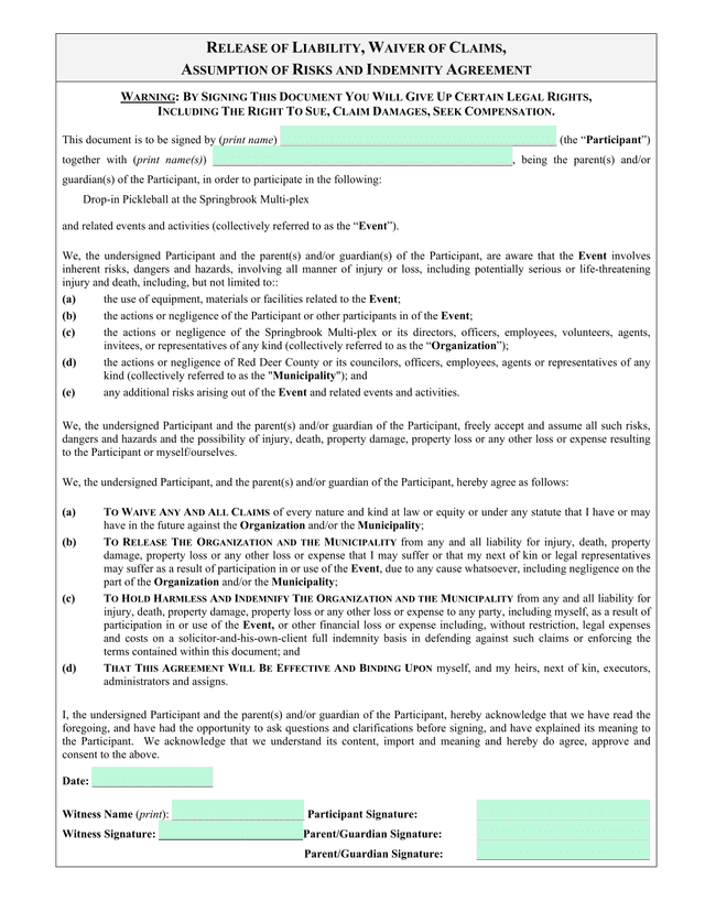 Release Of Liability, Waiver Of Claims, Assumption Of Risks And Indemnity Agreement screenshot