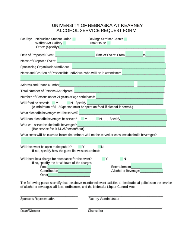 UNIVERSITY OF NEBRASKA AT KEARNEY ALCOHOL SERVICE REQUEST FORM screenshot