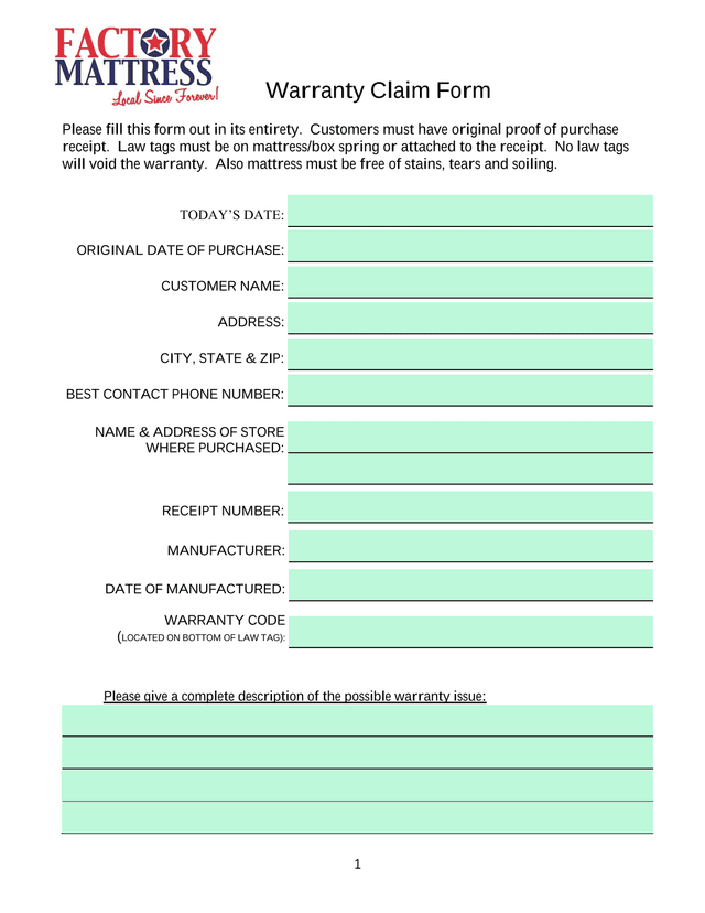 Warranty Claim Form screenshot