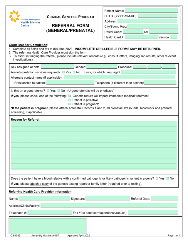 CLINICAL GENETICS PROGRAM REFERRAL FORM (GENERALPRENATAL) screenshot