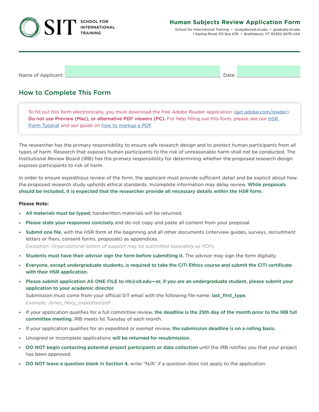 Human Subjects Review Application Form screenshot