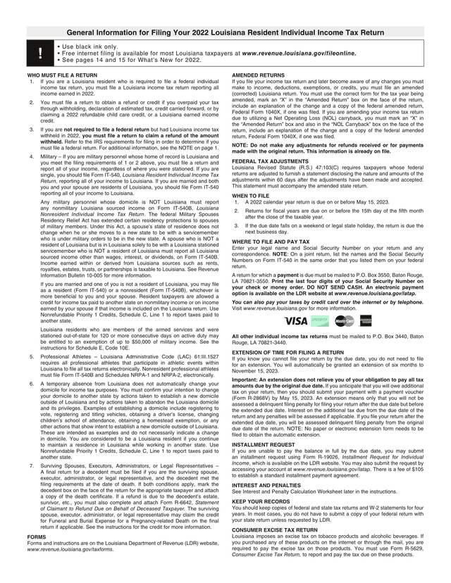 Louisiana Individual Income Tax Return Instructions screenshot