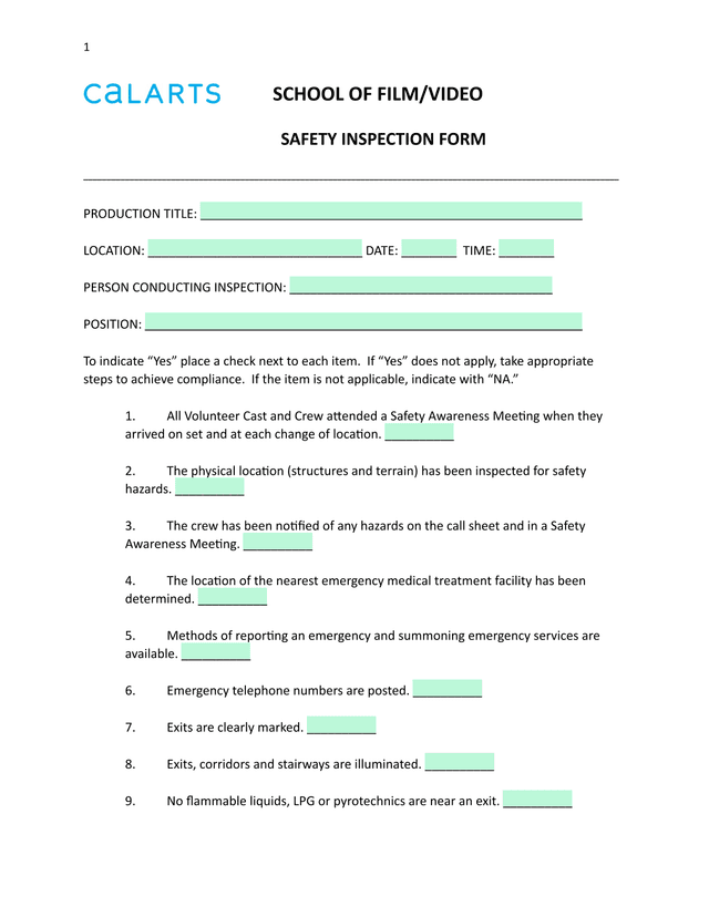 SCHOOL OF FILMVIDEO SAFETY INSPECTION FORM screenshot