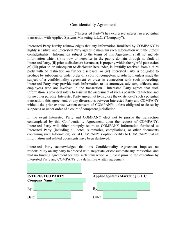 Confidentiality Agreement screenshot