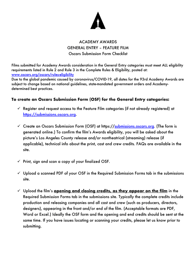 Oscars Submission Form Checklist screenshot