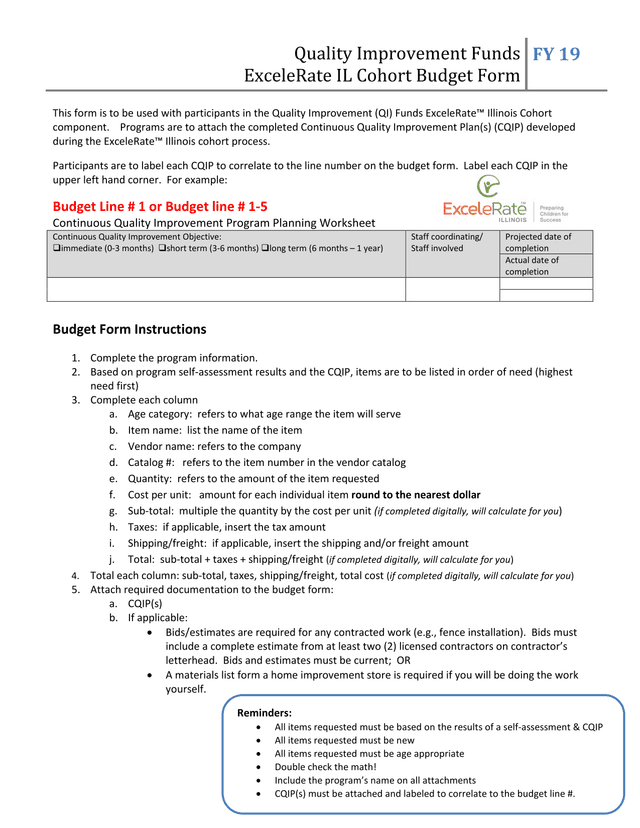 ExceleRate IL Cohort Budget Form screenshot