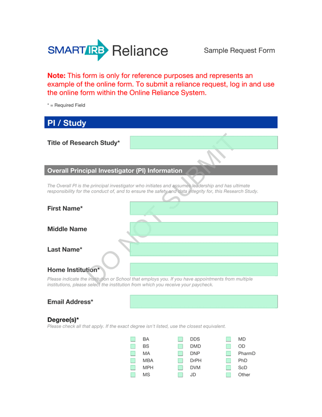 Reliance Sample Request Form screenshot