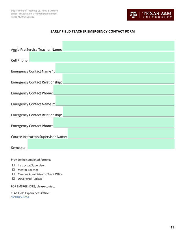 EARLY FIELD TEACHER EMERGENCY CONTACT FORM screenshot
