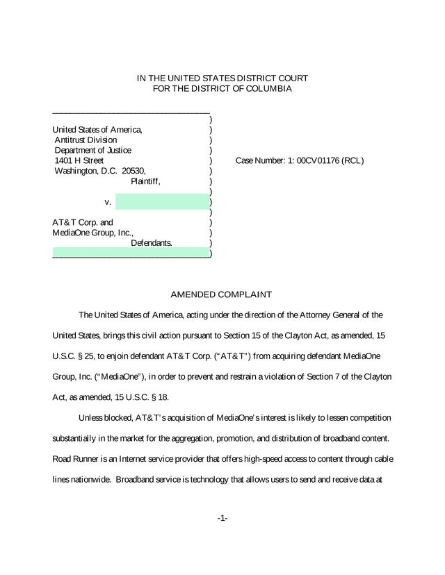 AMENDED COMPLAINT United States V. ATT Corp. And MediaOne Group, Inc. screenshot