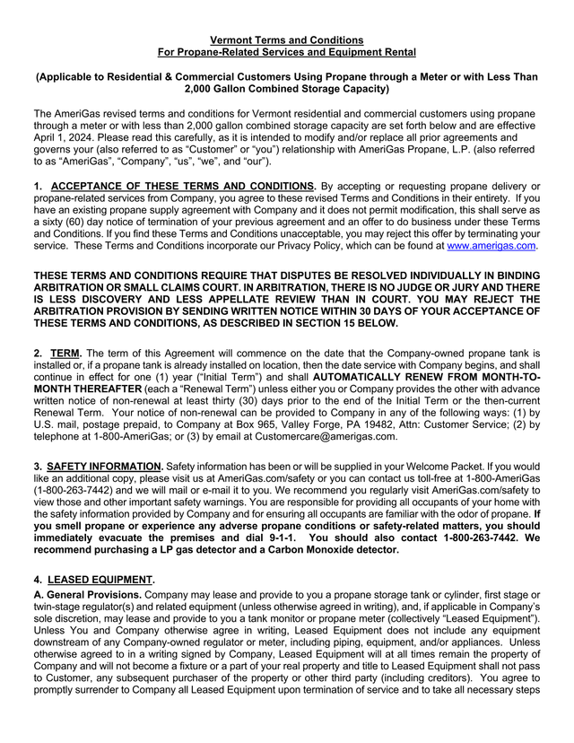Vermont Terms And Conditions For Propane Related Services And Equipment Rental screenshot