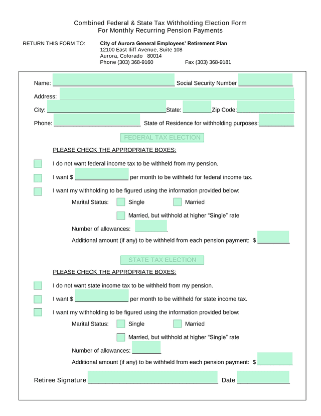 Combined Federal  State Tax Withholding Election Form For Monthly Recurring Pension Payments screenshot