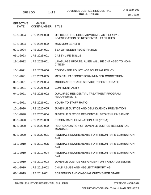 Juvenile Justice Residential Bulletin Log JRB 2024 003 screenshot