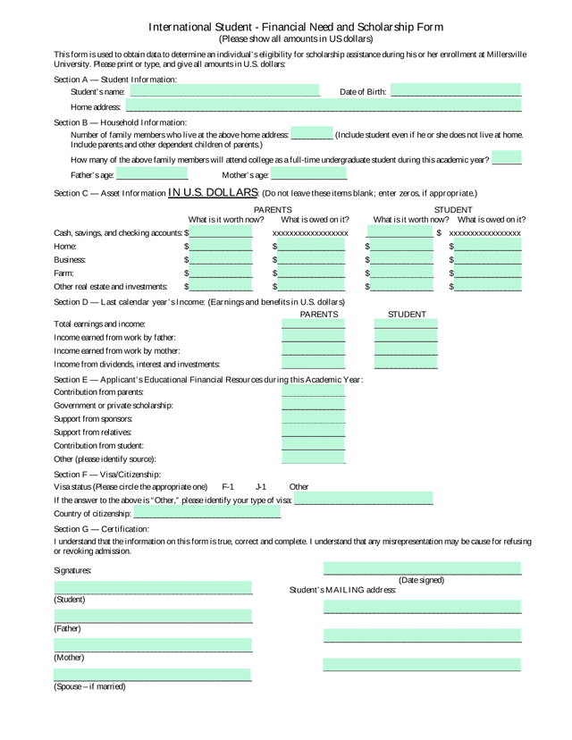 International Student   Financial Need And Scholarship Form screenshot