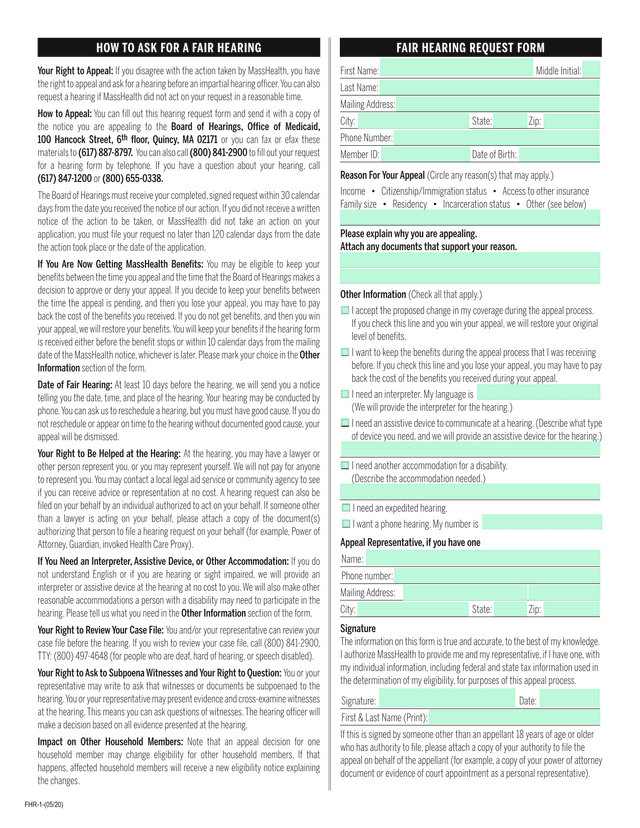 Fair Hearing Request Form screenshot