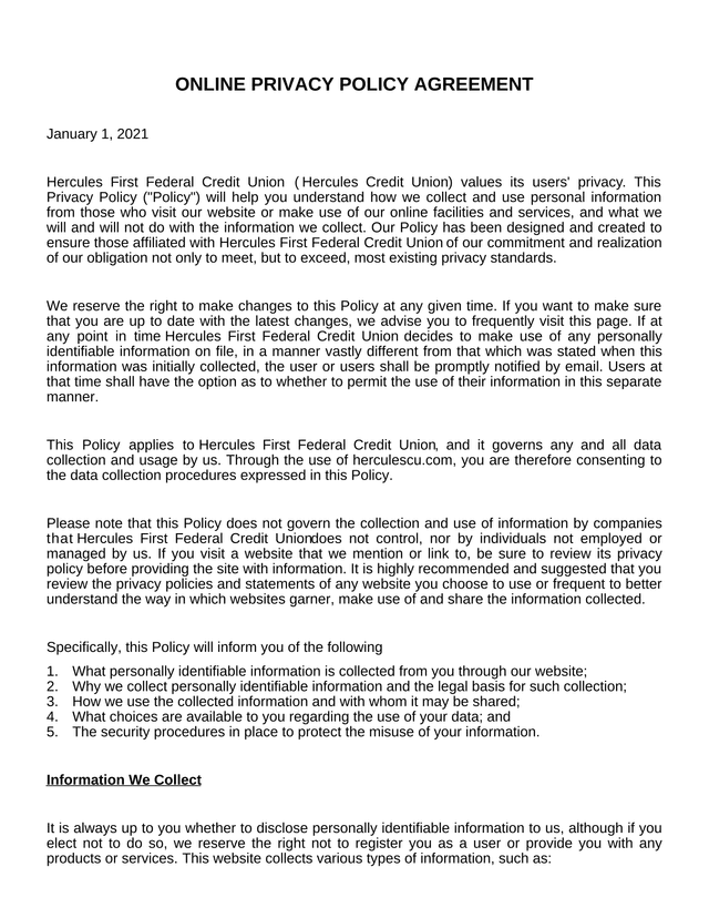 Online Privacy Policy Agreement screenshot