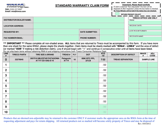 STANDARD WARRANTY CLAIM FORM screenshot